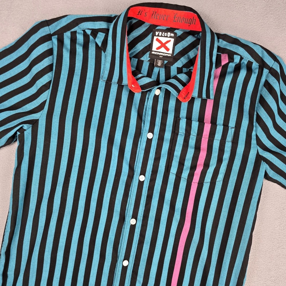 Volcom Shirt Mens Small Surf Blue Black Stripe Peter Schroff Collab Short Sleeve